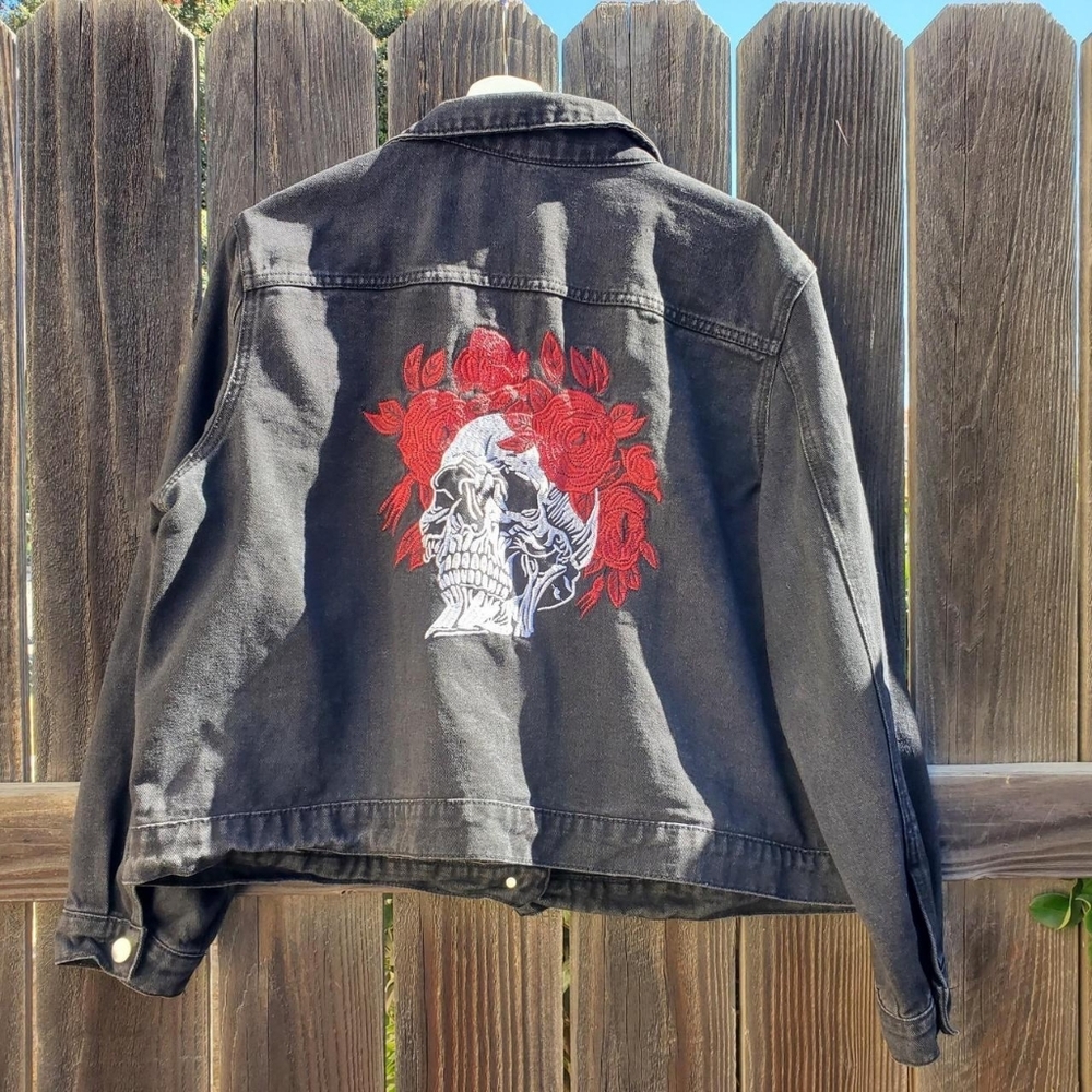 Black Denim Jacket with Skull and Red Rose Embroidery